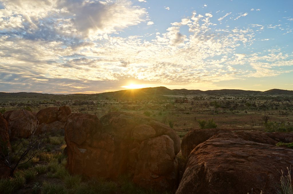 Sun setting over the Devils Marbles