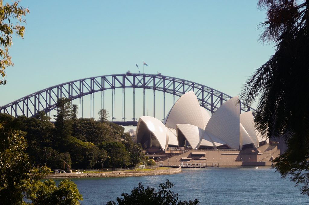 Opera House and Harbour Bridge view from Botanical Gardens